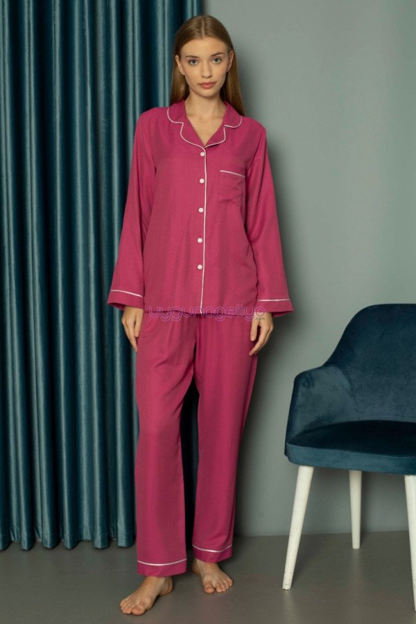 Fuşya Renk Önden Düğmeli Teknur 2486 Dokuma Kumaş Uzun Kol Kadın Pijama Takımı Fuşya Renk Önden Düğmeli Teknur 2486 Dokuma Kumaş Uzun Kol Kadın Pijama Takımı, Teknur-2486, Teknur Pijama Takımı