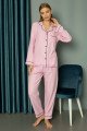 Pembe Renk Önden Düğmeli Teknur 2487 Dokuma Kumaş  Uzun Kol Kadın Pijama Takımı