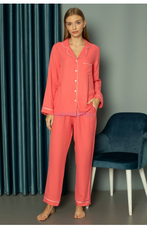 Koyu Pembe Renk Önden Düğmeli Teknur 2488 Dokuma Kumaş  Uzun Kol Kadın Pijama Takımı