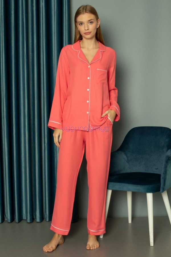 Koyu Pembe Renk Önden Düğmeli Teknur 2488 Dokuma Kumaş Uzun Kol Kadın Pijama Takımı Koyu Pembe Renk Önden Düğmeli Teknur 2488 Dokuma Kumaş Uzun Kol Kadın Pijama Takımı, Teknur-2488, Teknur Pijama Takımı