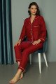 Bordo Renk Önden Düğmeli Teknur 2489 Dokuma Kumaş  Uzun Kol Kadın Pijama Takımı