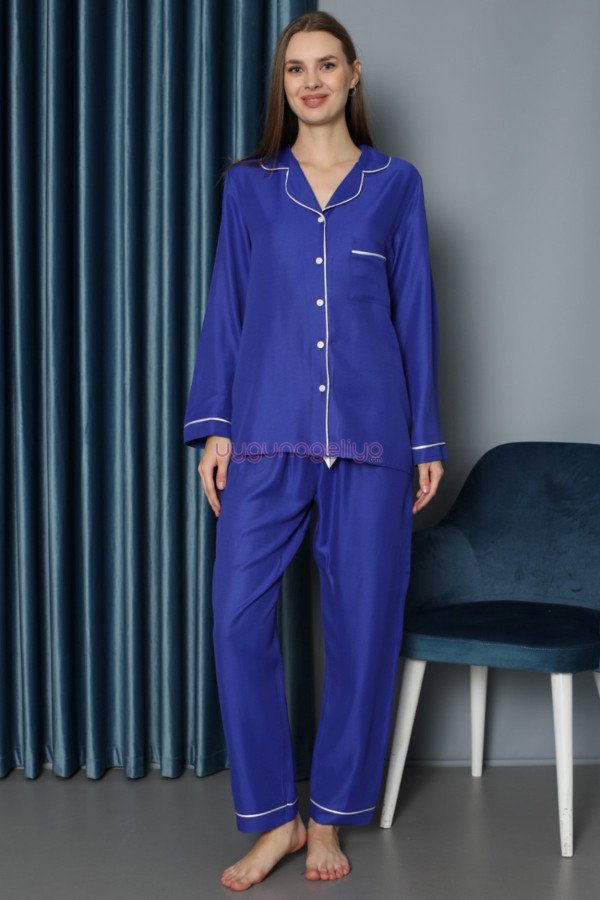Mavi Renk Önden Düğmeli Teknur 2496 Dokuma Kumaş Uzun Kol Kadın Pijama Takımı Mavi Renk Önden Düğmeli Teknur 2496 Dokuma Kumaş Uzun Kol Kadın Pijama Takımı, Teknur-2496, Teknur Pijama Takımı