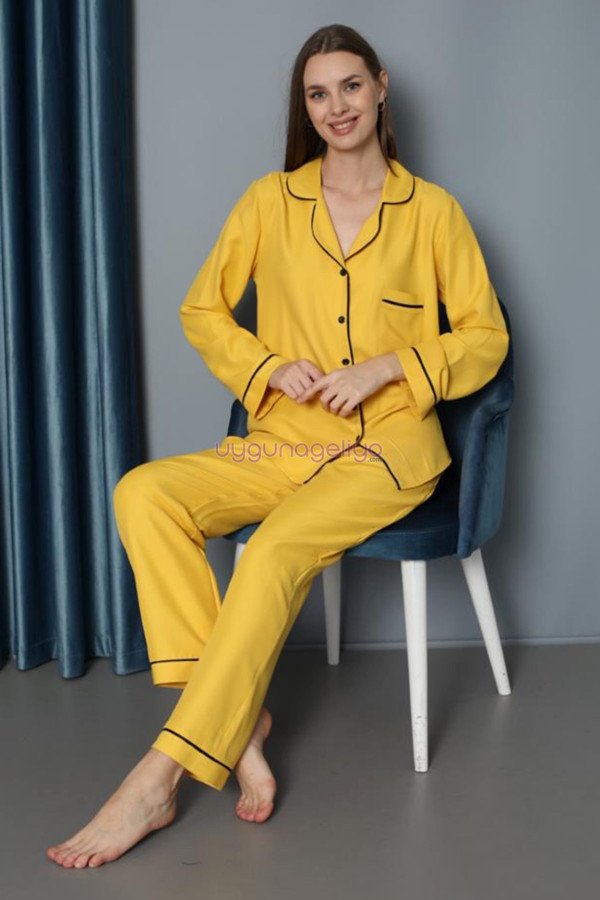Sarı Renk Önden Düğmeli Teknur 2497 Dokuma Kumaş Uzun Kol Kadın Pijama Takımı Sarı Renk Önden Düğmeli Teknur 2497 Dokuma Kumaş Uzun Kol Kadın Pijama Takımı, Teknur-2497, Teknur Pijama Takımı