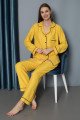 Sarı Renk Önden Düğmeli Teknur 2497 Dokuma Kumaş  Uzun Kol Kadın Pijama Takımı