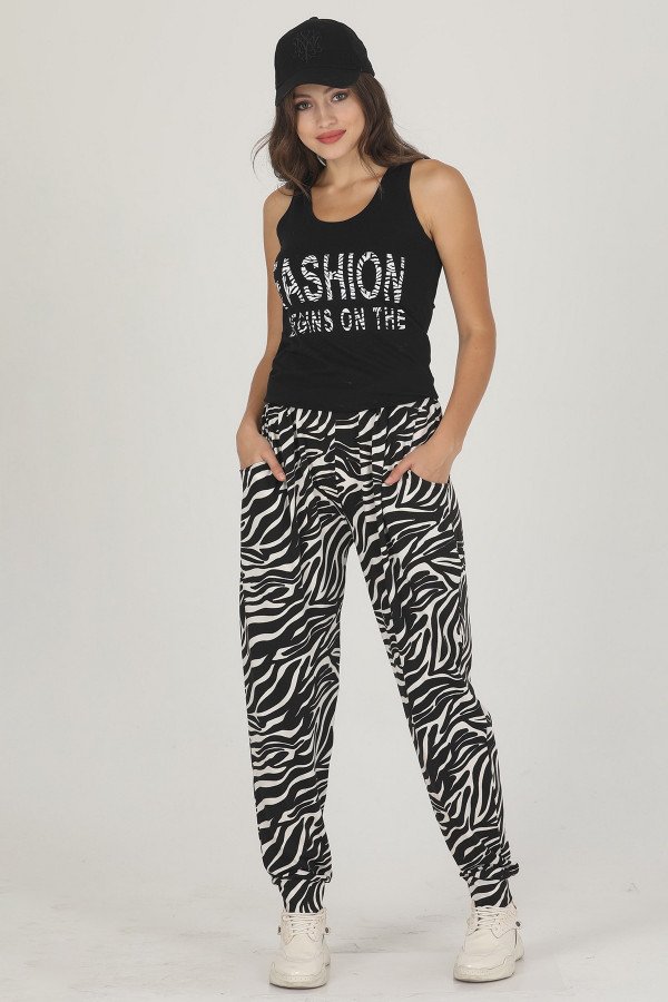Kadın Siyah Zebra Desenli Lady 10004 Şalvar Pijama Takımı, ELT0001004-ML, Kısa Kollu Pijama Takımları