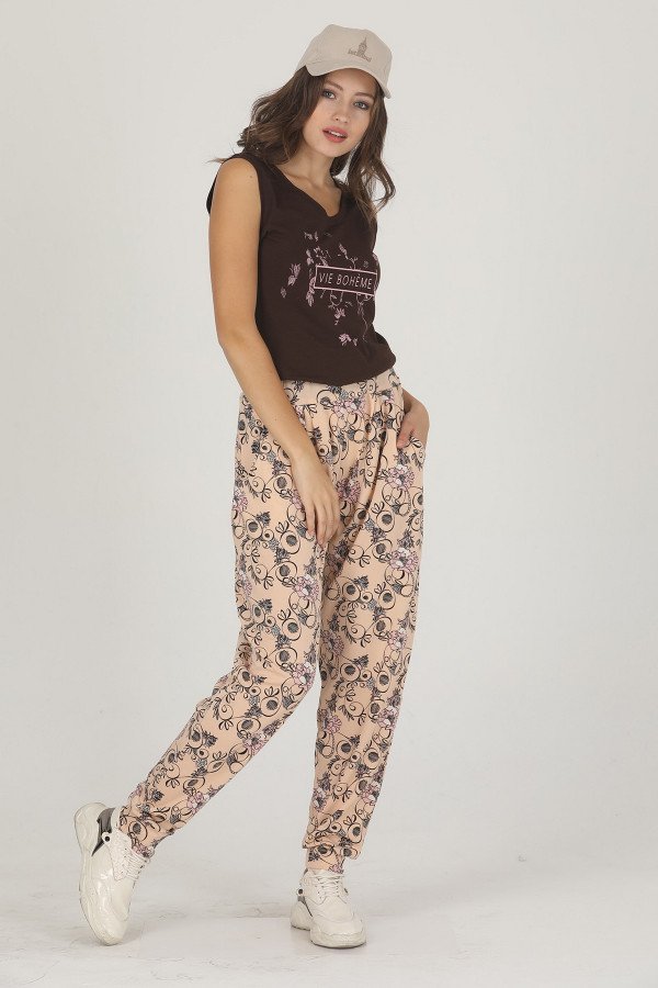 Kadın Kahverengi Çiçek Desenli Lady 10011 Şalvar Pijama Takımı, ELT0010011-ML, Kısa Kollu Pijama Takımları