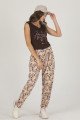 Kadın Kahverengi Çiçek Desenli Lady 10011 Şalvar Pijama Takımı, ELT0010011-ML, Kısa Kollu Pijama Takımları