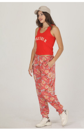 Kadın Kırmızı Renk  Çiçek Desenli Lady 10012 Şalvar Pijama Takımı