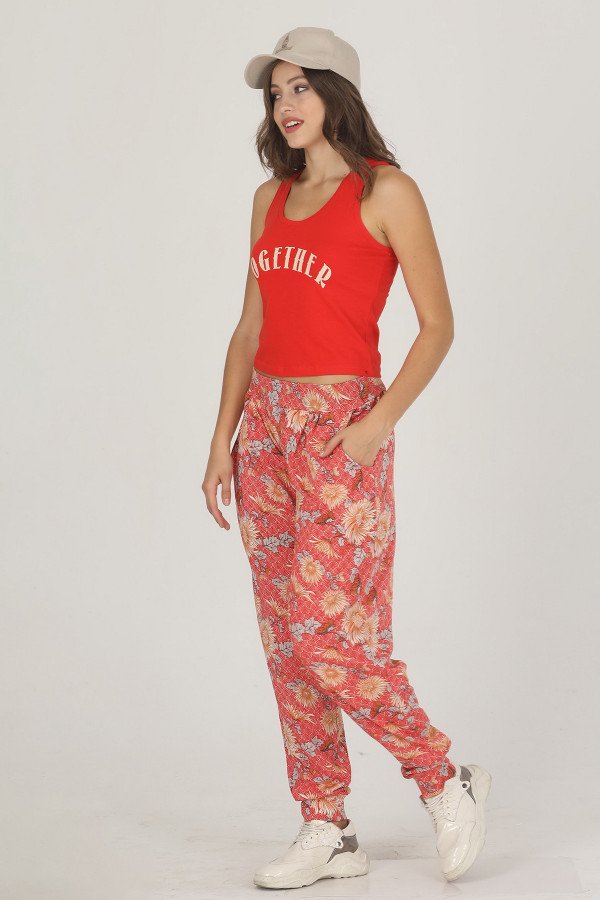 Kadın Kırmızı Renk  Çiçek Desenli Lady 10012 Şalvar Pijama Takımı, ELT0010012-ML, Kısa Kollu Pijama Takımları