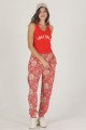 Kadın Kırmızı Renk  Çiçek Desenli Lady 10012 Şalvar Pijama Takımı, ELT0010012-ML, Kısa Kollu Pijama Takımları