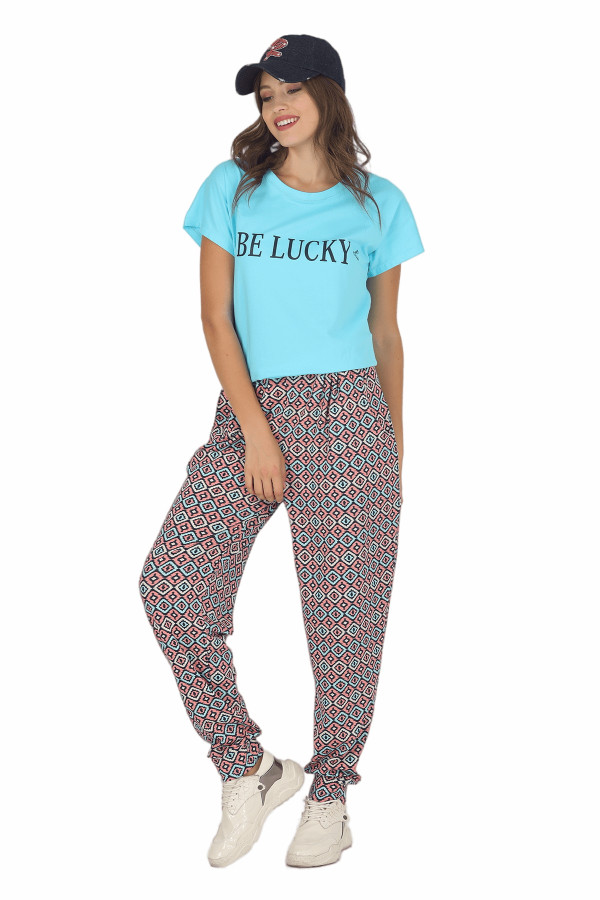 Kadın Mavi Renk ve Desenli Lady 10016 Şalvar Pijama Takımı, ELT0010016-ML, Kısa Kollu Pijama Takımları
