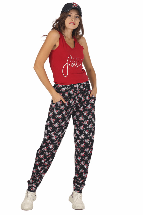 Kadın Bordo Renk ve Çiçek Desenli Lady 10020 Şalvar Pijama Takımı-Lady