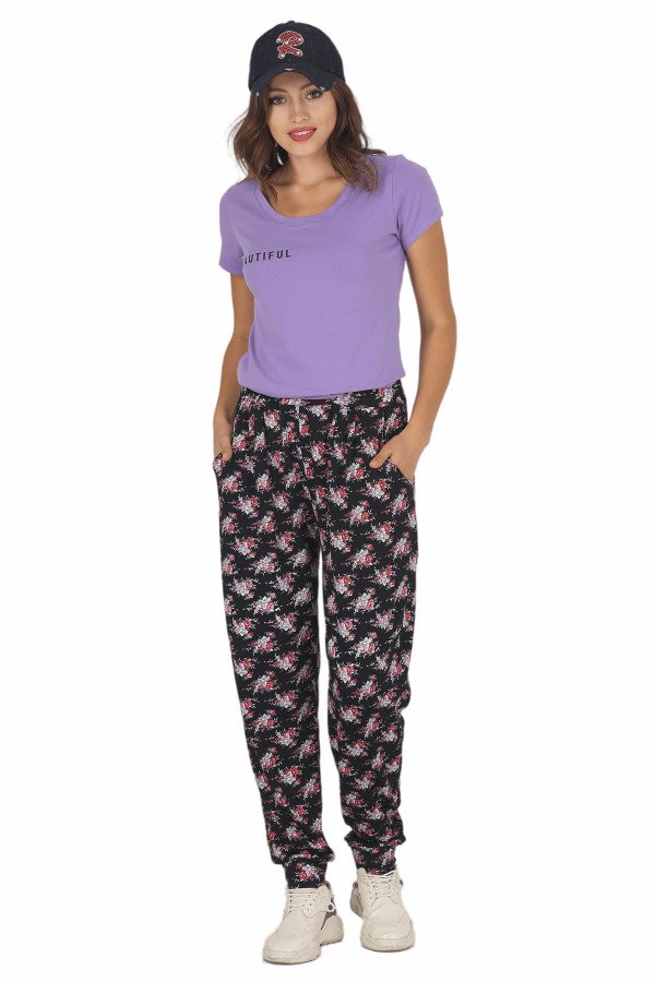 Kadın Lila Renk ve Çiçek Desenli Lady 10021 Şalvar Pijama Takımı Kadın Lila Renk ve Çiçek Desenli Lady 10021 Şalvar Pijama Takımı, ELT0010021-ML, Kısa Kollu Pijama Takımları