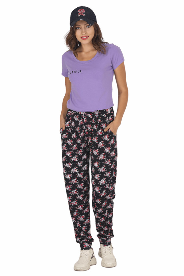 Kadın Lila Renk ve Çiçek Desenli Lady 10021 Şalvar Pijama Takımı-Lady