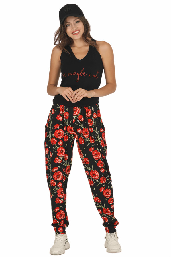 Kadın Siyah Renk ve Çiçek Desenli Lady 10028 Şalvar Pijama Takımı-Lady