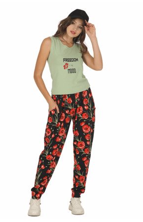 Kadın Yeşil Renk ve Çiçek Desenli Lady 10030 Şalvar Pijama Takımı