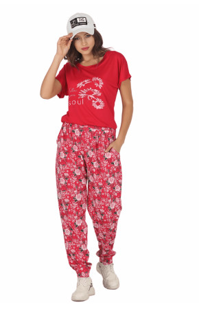Kadın Kırmızı Renk ve Çiçek Desenli Lady 10031 Şalvar Pijama Takımı