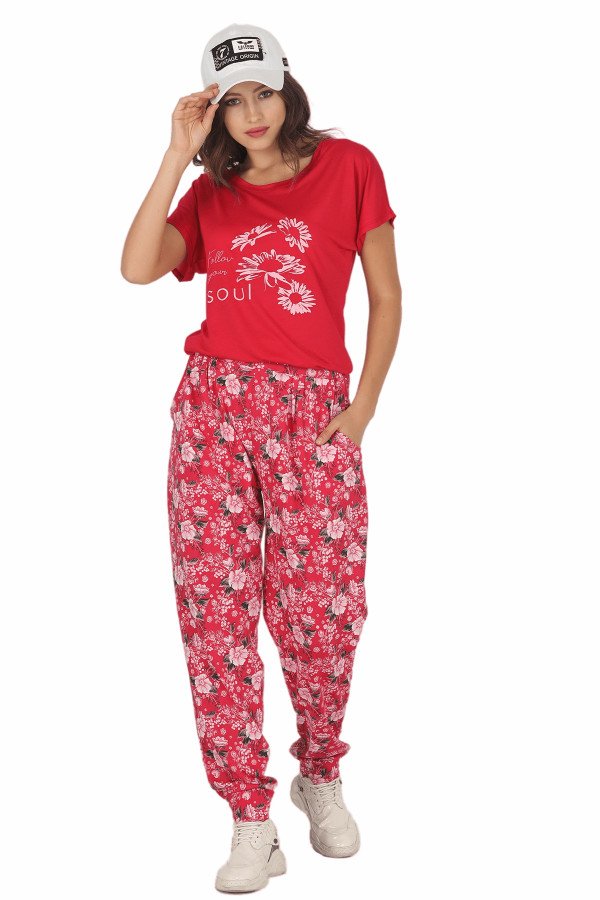 Kadın Kırmızı Renk ve Çiçek Desenli Lady 10031 Şalvar Pijama Takımı, ELT0010031-ML, Kısa Kollu Pijama Takımları