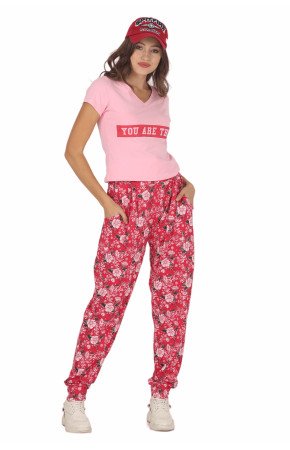Kadın Pembe Renk ve Çiçek Desenli Lady 10032 Şalvar Pijama Takımı