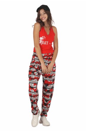 Kadın Kırmızı Renk ve Çiçek Desenli Lady 10036 Şalvar Pijama Takımı