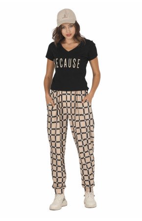 Kadın Siyah Renk ve Ekose Desenli Kısa Kol Lady 10042 Şalvar Pijama Takımı