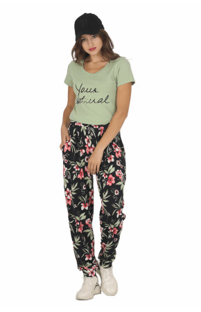 Kadın Yeşil Renk ve Çiçek Desenli Kısa Kol Lady 10046 Şalvar Pijama Takımı