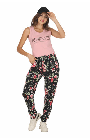 Kadın Açık Pembe Renk ve Çiçek Desenli Askılı Kol Lady 10047 Şalvar Pijama Takımı