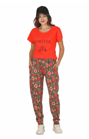 Kadın Kırmızı Renk ve Çiçek Desenli Kısa Kol Lady 10048 Şalvar Pijama Takımı