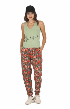 Kadın Yeşil Renk ve Çiçek Desenli Askılı Kol Lady 10049 Şalvar Pijama Takımı