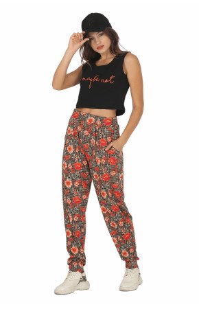 Kadın Siyah Renk ve Çiçek Desenli Askılı Kol Lady 10050 Şalvar Pijama Takımı