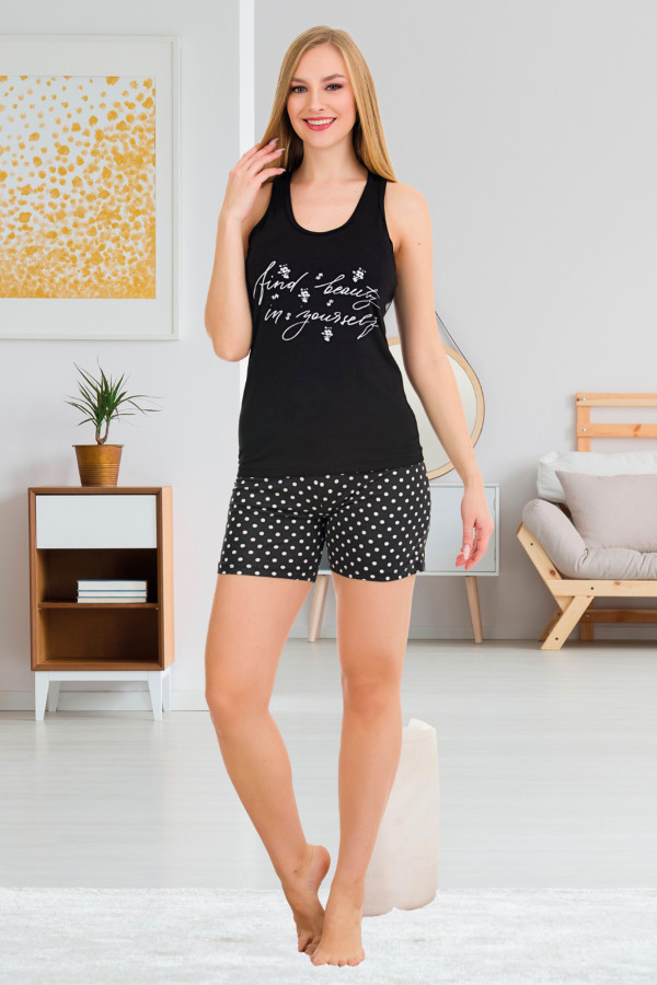 Siyah Renk ve Puantiye Desenli Lady 7717 Kadın Pamuk Viskon Likralı Şortlu Pijama Takımı, UB-Lady-7717-M, Lady Pijama Takımı, UB-Lady-7717-M