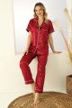 Bordo Renk Önden Düğmeli Teknur 2702 Kısa Kol Saten Pijama Takımı, Teknur-2702, Kısa Kollu Pijama Takımları