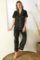 Siyah Renk Önden Düğmeli Teknur 2703 Kısa Kol Saten Pijama Takımı, Teknur-2703, Kısa Kollu Pijama Takımları
