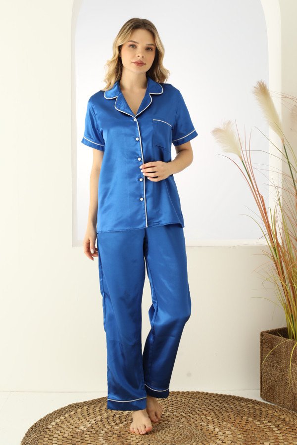 Mavi Renk Önden Düğmeli Teknur 2710 Kısa Kol Saten Pijama Takımı, Teknur-2710, Kısa Kollu Pijama Takımları