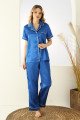 Mavi Renk Önden Düğmeli Teknur 2710 Kısa Kol Saten Pijama Takımı