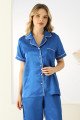 Mavi Renk Önden Düğmeli Teknur 2710 Kısa Kol Saten Pijama Takımı, Teknur-2710, Kısa Kollu Pijama Takımları