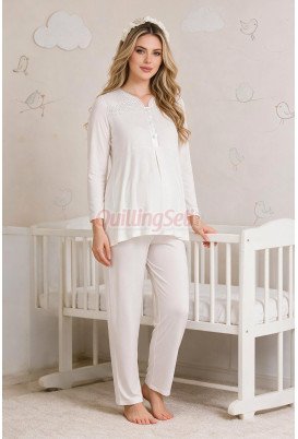 Ekru Renkli Dantel Detaylı, 33201 Uzun Kol, 2 Parça Lohusa Hamile Pijama Takımı Ekru Renkli Dantel Detaylı, 33201 Uzun Kol, 2 Parça Lohusa Hamile Pijama Takımı