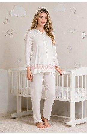 Ekru Renkli Dantel Detaylı, 33201 Uzun Kol, 2 Parça Lohusa Hamile Pijama Takımı Ekru Renkli Dantel Detaylı, 33201 Uzun Kol, 2 Parça Lohusa Hamile Pijama Takımı
