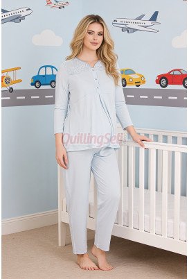 Bebe Mavi Renkli Dantel Detaylı, 33201 Uzun Kol, 2 Parça Lohusa Hamile Pijama Takımı Bebe Mavi Renkli Dantel Detaylı, 33201 Uzun Kol, 2 Parça Lohusa Hamile Pijama Takımı