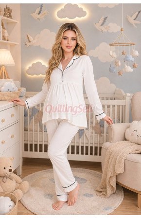 Ekru Renkli, Kol ve Paçaları Manşetli, 33202 Uzun Kol, 2 Parça Lohusa Hamile Pijama Takımı Ekru Renkli, Kol ve Paçaları Manşetli, 33202 Uzun Kol, 2 Parça Lohusa Hamile Pijama Takımı