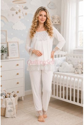 Ekru Renkli, Dantel Detaylı, 33203 Uzun Kol, 2 Parça Lohusa Hamile Pijama Takımı Ekru Renkli, Dantel Detaylı, 33203 Uzun Kol, 2 Parça Lohusa Hamile Pijama Takımı
