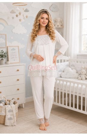 Ekru Renkli, Dantel Detaylı, 33203 Uzun Kol, 2 Parça Lohusa Hamile Pijama Takımı Ekru Renkli, Dantel Detaylı, 33203 Uzun Kol, 2 Parça Lohusa Hamile Pijama Takımı