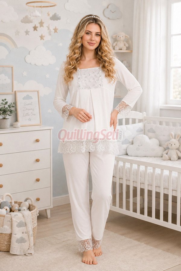 Ekru Renkli, Dantel Detaylı, 33203 Uzun Kol, 2 Parça Lohusa Hamile Pijama Takımı Ekru Renkli, Dantel Detaylı, 33203 Uzun Kol, 2 Parça Lohusa Hamile Pijama Takımı, 8509990041120, Lohusa - Hamile Pijama Takımları, 8509990041120