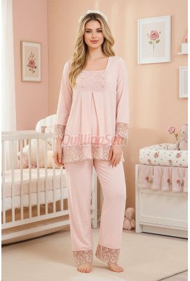 Bebe Pembe Renkli Dantel Detaylı, 33203 Uzun Kol, 2 Parça Lohusa Hamile Pijama Takımı Bebe Pembe Renkli Dantel Detaylı, 33203 Uzun Kol, 2 Parça Lohusa Hamile Pijama Takımı