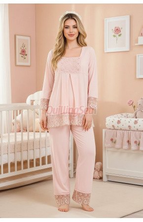 Bebe Pembe Renkli Dantel Detaylı, 33203 Uzun Kol, 2 Parça Lohusa Hamile Pijama Takımı Bebe Pembe Renkli Dantel Detaylı, 33203 Uzun Kol, 2 Parça Lohusa Hamile Pijama Takımı