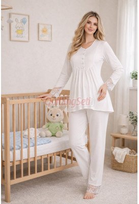 Beyaz Renkli, Dantel Detaylı, 33204 Uzun Kol, 2 Parça Lohusa Hamile Pijama Takımı Beyaz Renkli, Dantel Detaylı, 33204 Uzun Kol, 2 Parça Lohusa Hamile Pijama Takımı