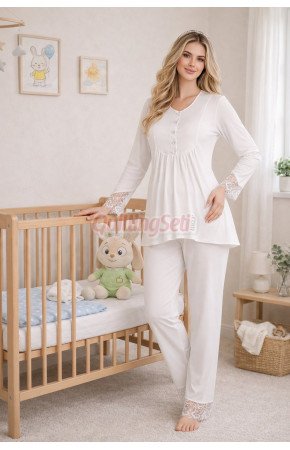 Beyaz Renkli, Dantel Detaylı, 33204 Uzun Kol, 2 Parça Lohusa Hamile Pijama Takımı Beyaz Renkli, Dantel Detaylı, 33204 Uzun Kol, 2 Parça Lohusa Hamile Pijama Takımı