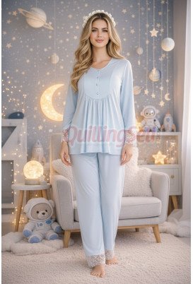 Bebe Mavi Renkli, Dantel Detaylı, 33204 Uzun Kol, 2 Parça Lohusa Hamile Pijama Takımı Bebe Mavi Renkli, Dantel Detaylı, 33204 Uzun Kol, 2 Parça Lohusa Hamile Pijama Takımı