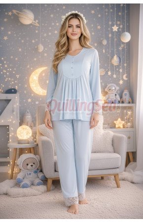 Bebe Mavi Renkli, Dantel Detaylı, 33204 Uzun Kol, 2 Parça Lohusa Hamile Pijama Takımı Bebe Mavi Renkli, Dantel Detaylı, 33204 Uzun Kol, 2 Parça Lohusa Hamile Pijama Takımı