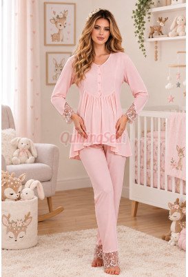 Bebe Pembe Renkli Dantel Detaylı, 33204 Uzun Kol, 2 Parça Lohusa Hamile Pijama Takımı Bebe Pembe Renkli Dantel Detaylı, 33204 Uzun Kol, 2 Parça Lohusa Hamile Pijama Takımı
